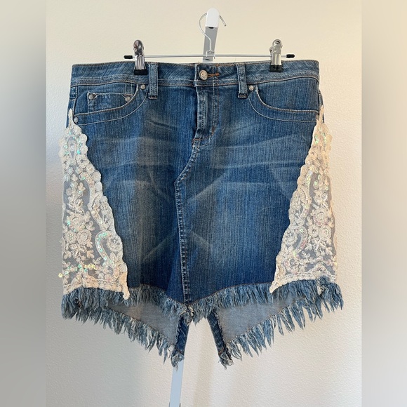 Vintage Candie's Blue Denim Skirt with Lace - Picture 1 of 4